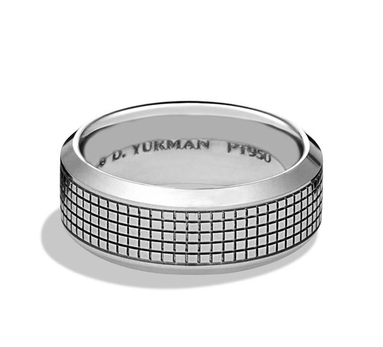This contemporary platinum wedding band by David Yurman is from the Waves Collection.